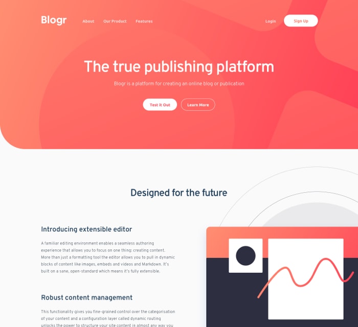 landing page of blogr website