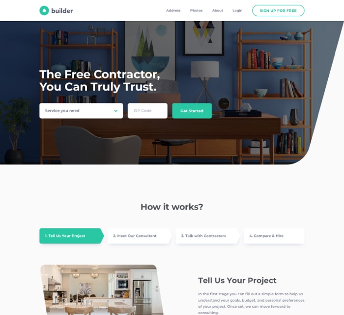 landing page of builder website